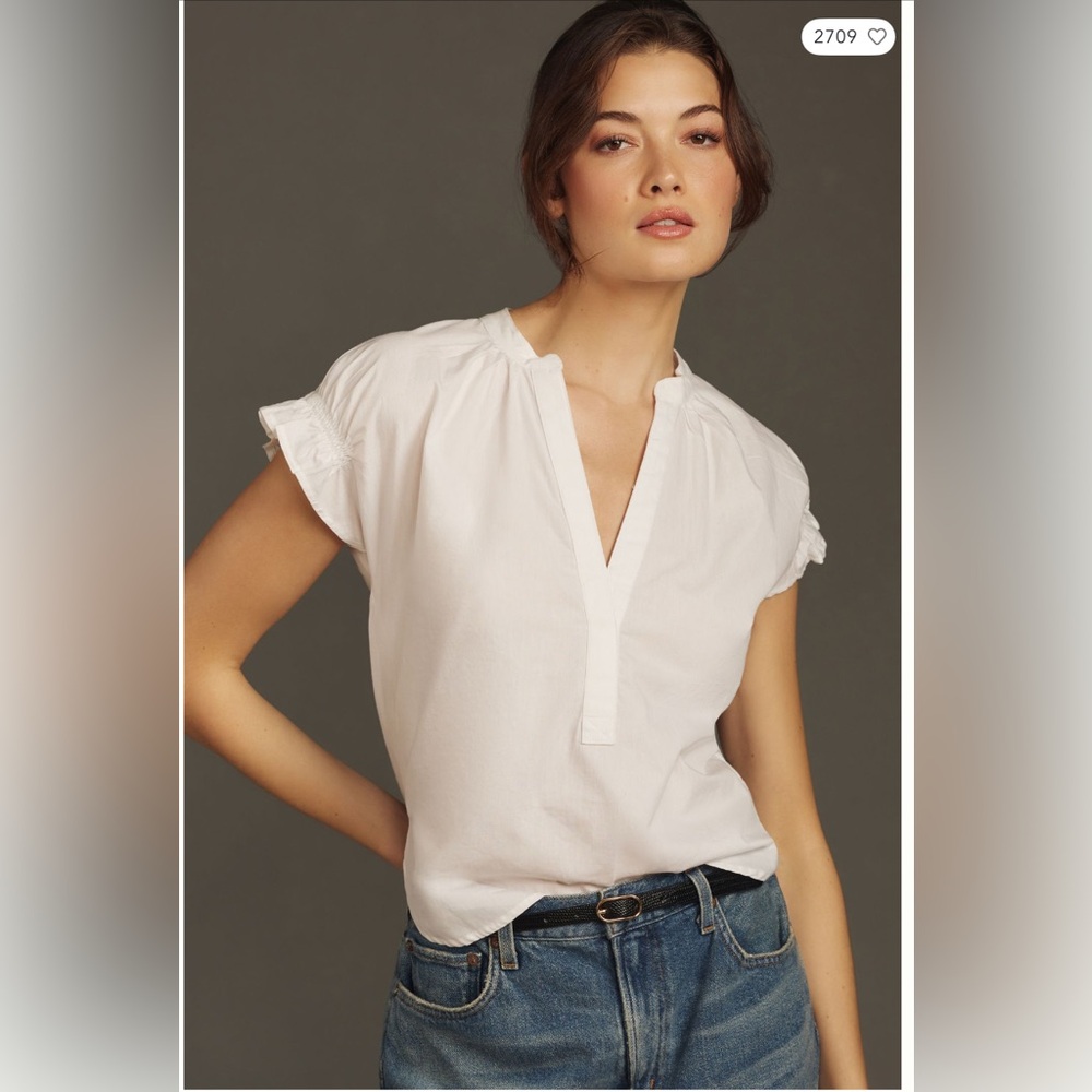 ANTHROPOLOGIE PILCRO Tatum Flutter Sleeve Blouse 100% cotton poplin white Sz XL